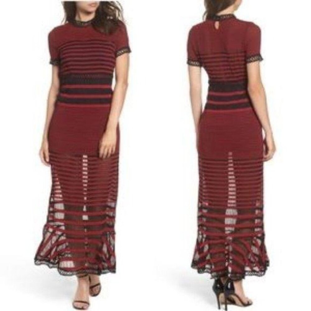 Anthropologie foxiedox Cassius Black Red Maxi Medium  Dress Stripes Sheer